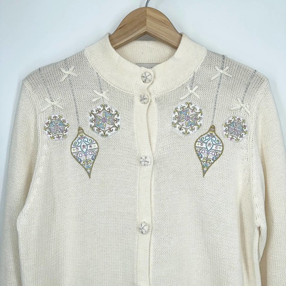 Vintage Sweaters - Vintage Draper’s and Damon’s Christmas Ornament Crystal Pastel Cardigan Sweater